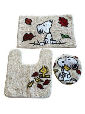 Peanuts Snoopy Woodstock 3 Piece Bath Rug Mat Set Toilet Cover Fall Leaves